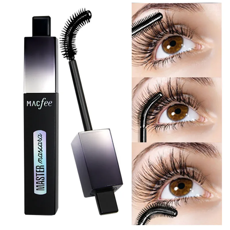 MACFEE Weitwinkel-4D-Wimperntusche aus Seidenfaser, dick, kräuselnd, wasserdicht, langlebig, gebogene schwarze Wimperntusche, 4D-Faserwimpern