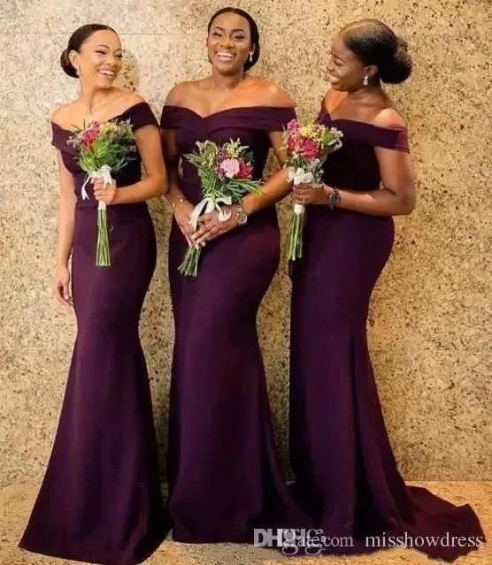 2019 Regency Off The Shoulder Satin Long Bridesmaid Dresses Ruched Sweep Train Wedding Guest Maid Of Honor Dresses BC1288