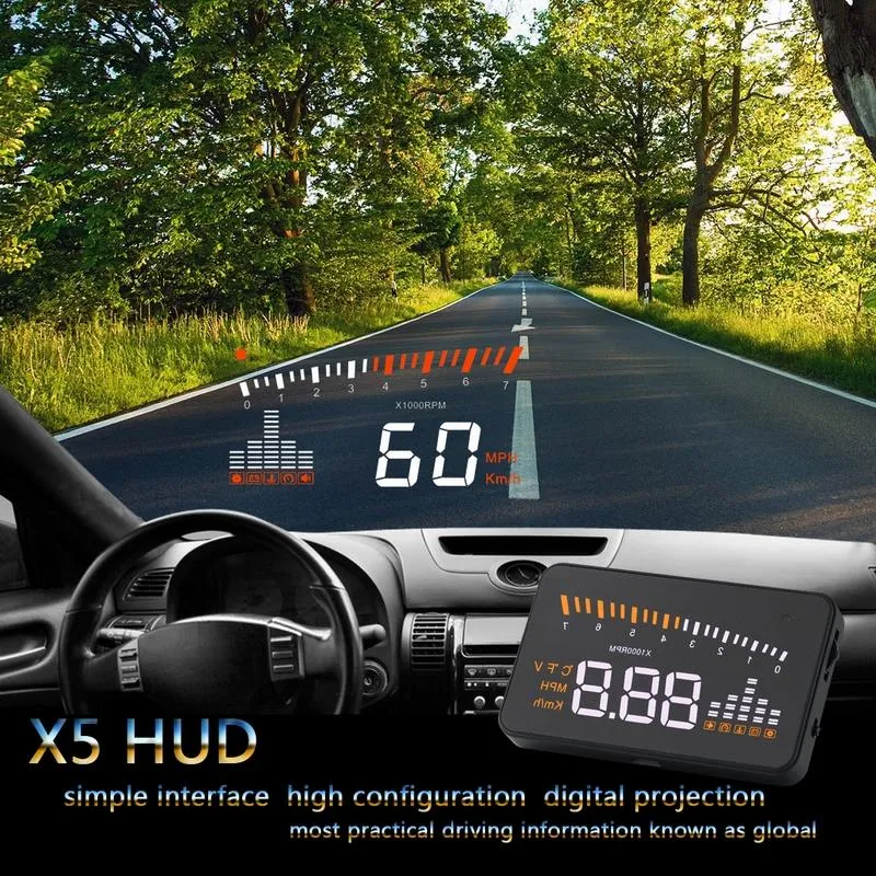X5 سيارة HUD رأس عرض مركبة OBD2 سيارة عكس السرعة الزجاج الأمامي جهاز القيادة سرعة إنذار الجهد MPH KM / H