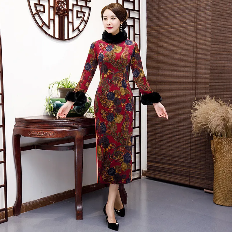 Elegancki Chiński Styl Sukienka Tradycyjne Kobiety Długie Qipao Suede Cotton Cheongsam Nowość Chińska Formalna Suknia Rozmiar M-5XL