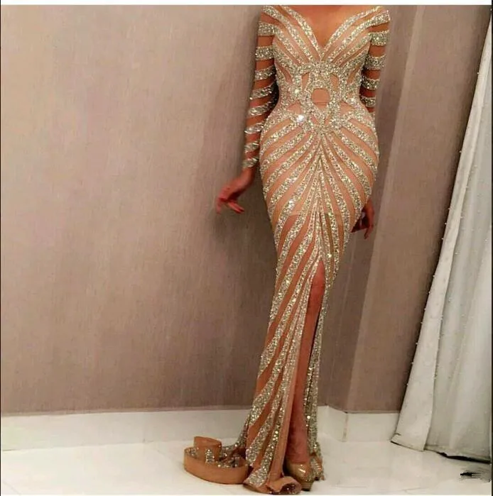knee length dresses for ladies Galaxy | Champagne Sequin Turtle-Neck Long-Sleeve Maxi Dress main image 1