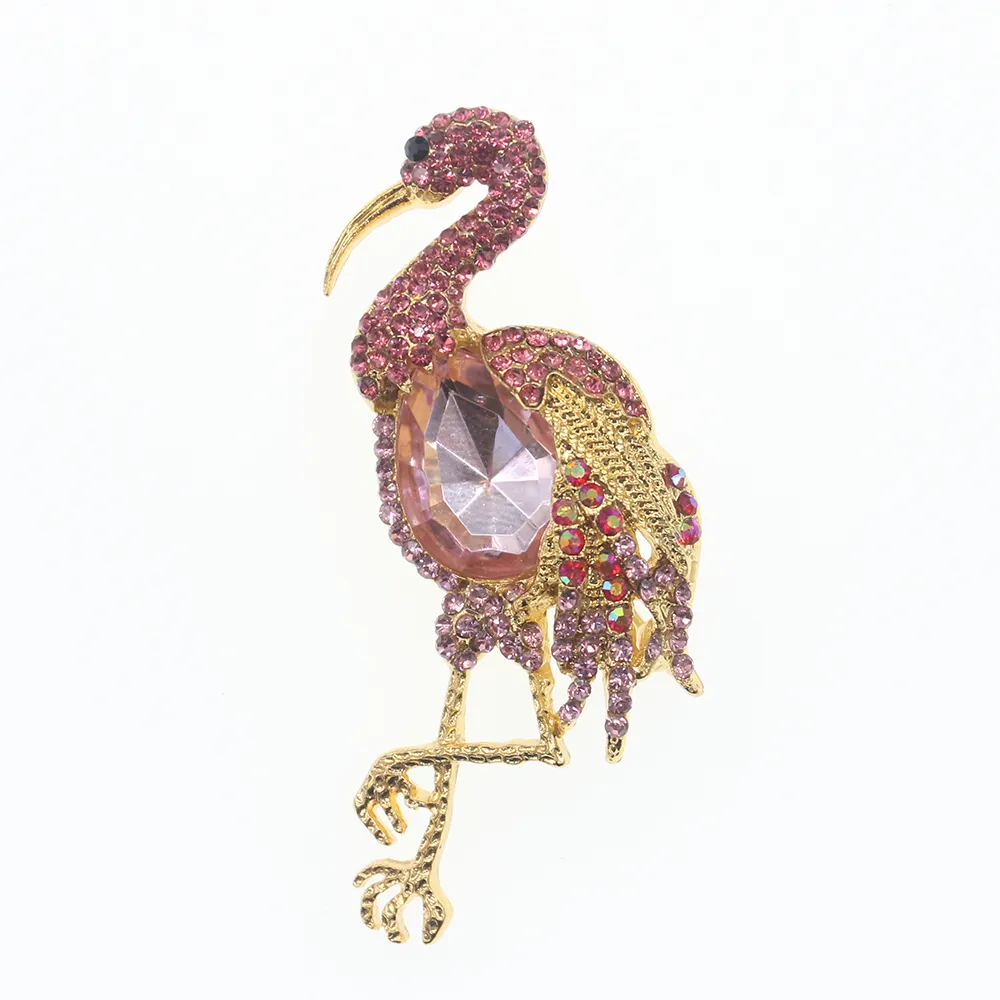 10pcs/lot Vintage Gold Tone Elegant Flaningo Brooches Rhinestone Crystal Animal Bird Brooch Pin