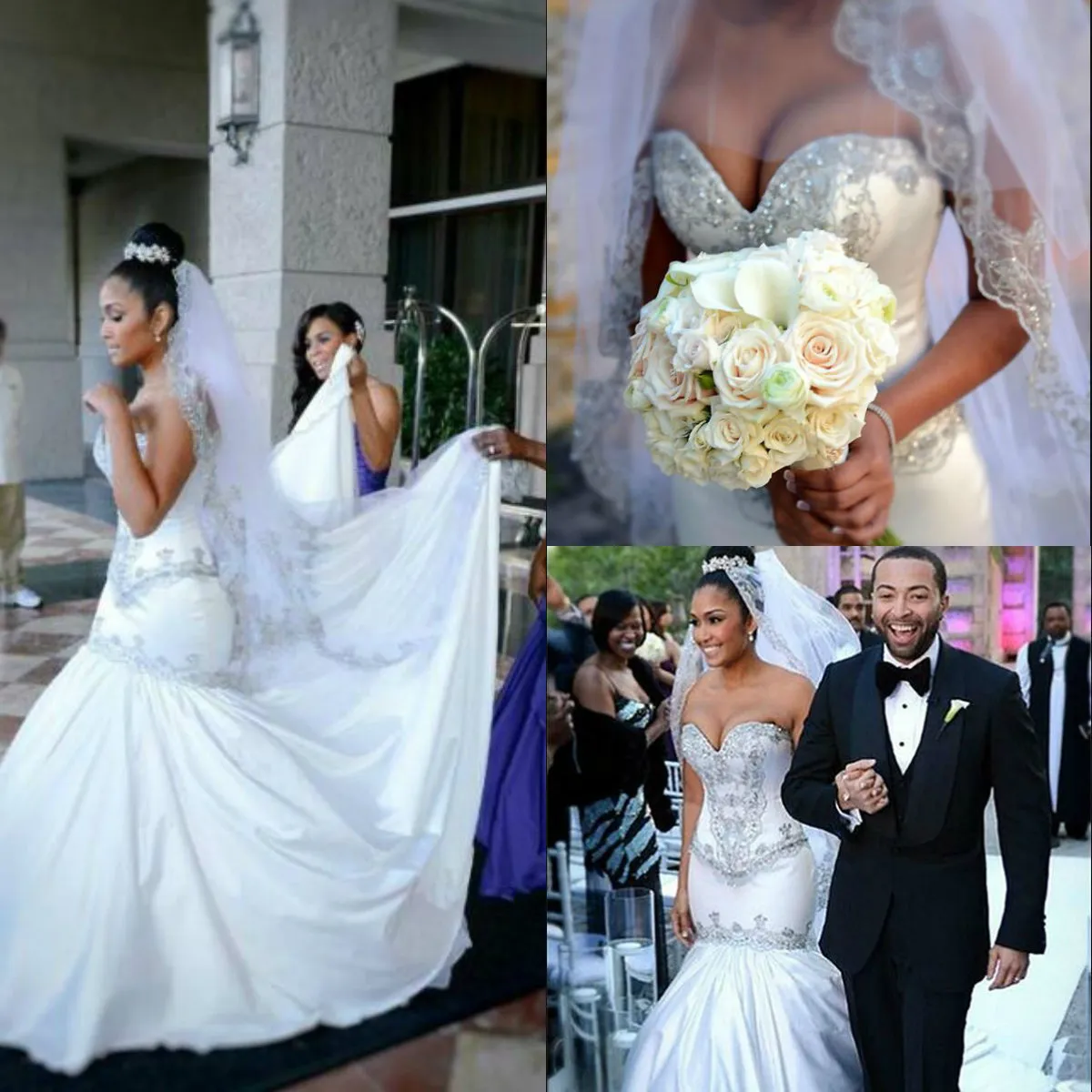 Magnifiques robes de mariée sirène scintillantes chérie Satin cristal perlé robes de mariée arabe grande taille robe de mariée