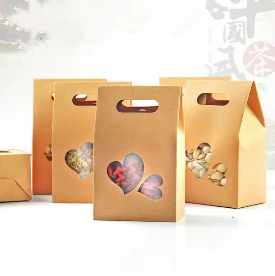 25pcs 100x155mm Folding Kraft Paper Handle Box Natural Kraft Paper Gift Packaging Box Party Paper Heart Window Box