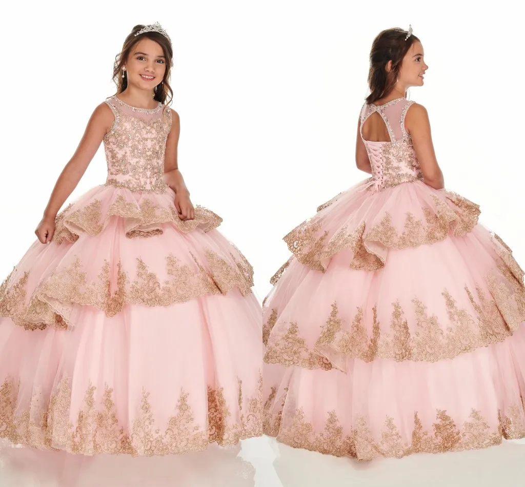 Blush Pink Gold Lace Cupcake Girls Pageant Vestidos de quinceañera Mini vestido de fiesta 2022 Beaded Jewel Lace-up Flower Girl Dress Ruffle New