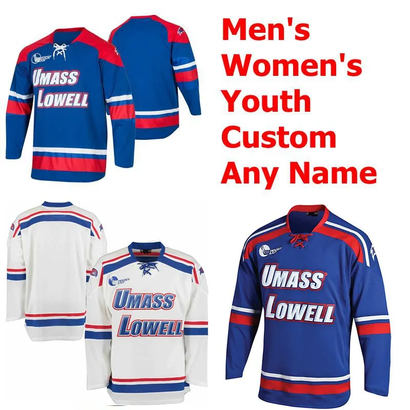 NCAA UMass Lowell River Hawks Jerseys Mens Womens Youth Kids College Ice Hockey Jerseys Blue