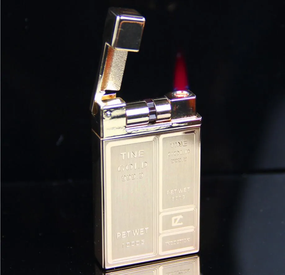 Barre d'or en forme de brique cigarette coupe-vent briquet ultra mince hommes butane métal briquets sans gaz outil de fumer accessoires avec boîte-cadeau