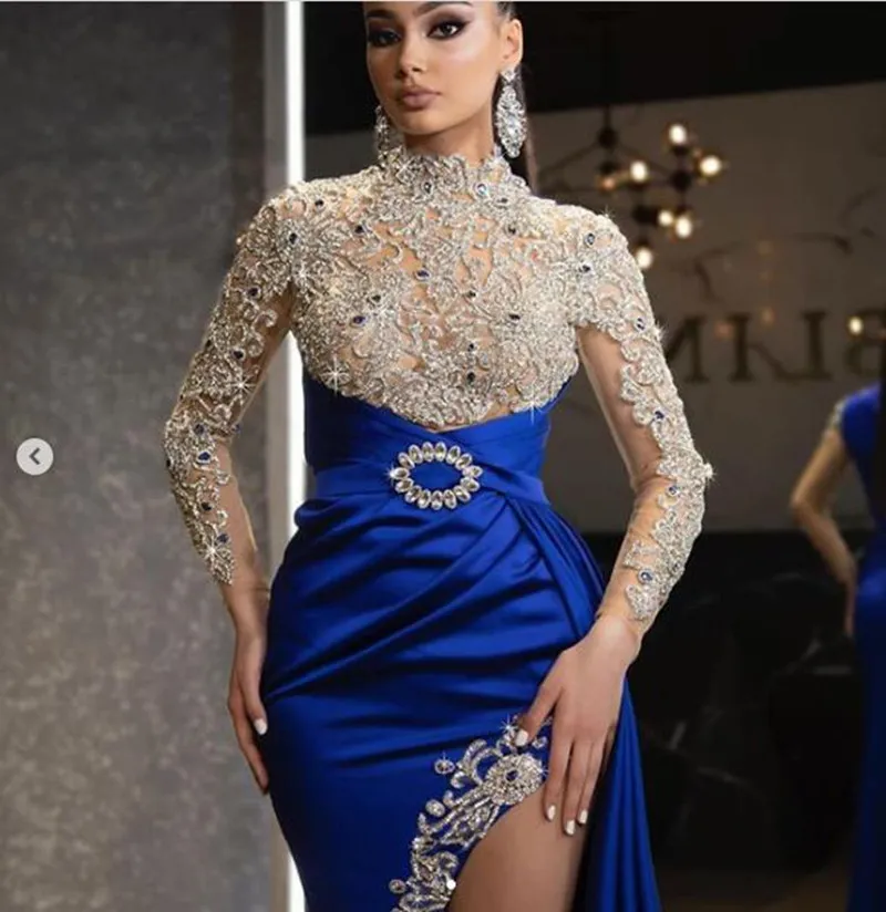 Royal Blue Muslin robes de soirée indiennes 2020 luxe brillant dentelle perlée col haut sexy fente à manches longues sirène robe de bal avec Sid2604