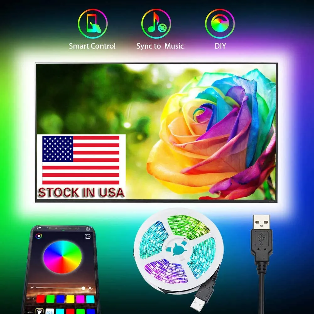 5050 DC 5V USB RGB LED Strip 30LED / M Strisce luminose flessibili 3M con Bluetooth APP TV Sfondo + Stock negli Stati Uniti