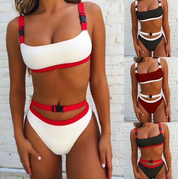 Sportstil Sexig Ladies Bikini 2019 Sommar Nya Kvinnors Solid Färg Spänne Split Baddräkt 2 stilar