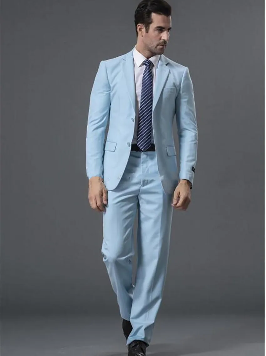 Smoking da uomo blu chiaro da uomo con risvolto con risvolto, smoking da sposo dello sposo, blazer da uomo nuovo di zecca, giacca da 2 pezzi (giacca + pantaloni + cravatta) 1484