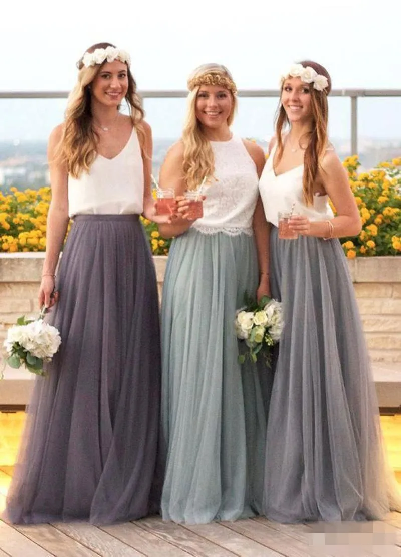 Country Chic: Lace Tulle blue grey bridesmaid dresses with Spaghetti Straps and Short Sleeves for Beach Wedding Guests and Maid of Honor Parties at