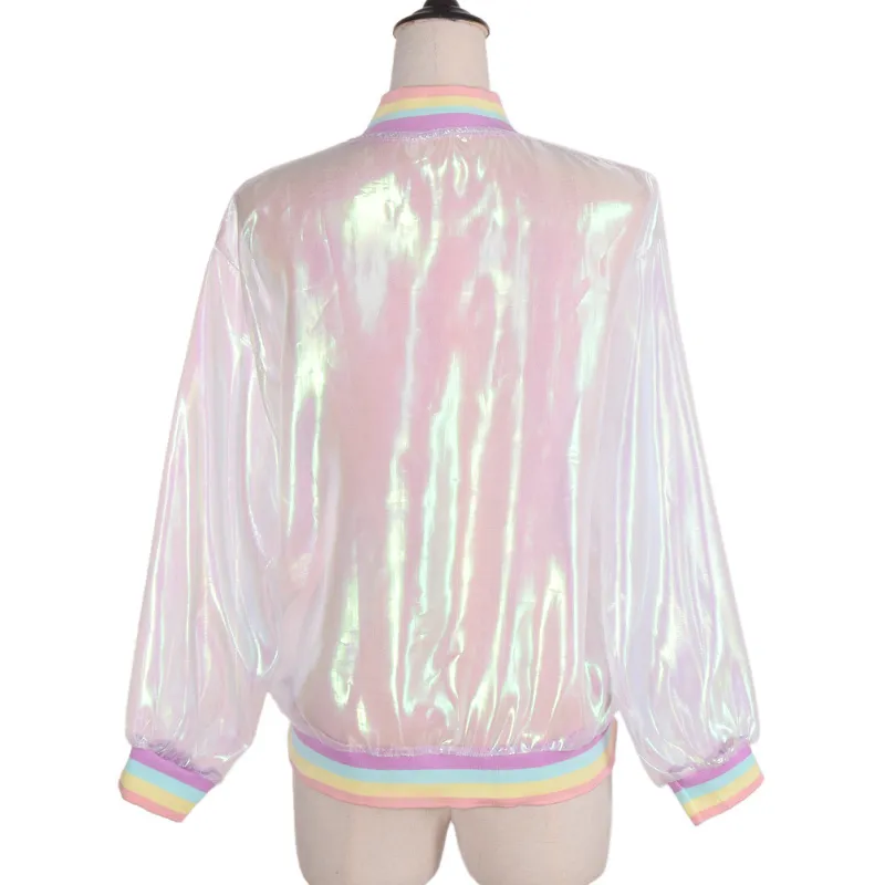 Fashion-Summer Women Kurtka Laserowa Rainbow Symfonia Hologram Kobiety Basiccoat Wyczyść opalizująca Przezroczysta kurtka bombowca Suchoszoodporny