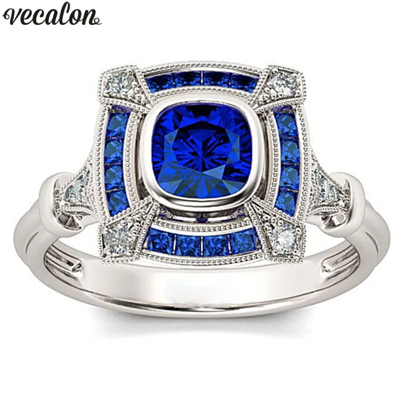 Vecalon винтажное полое кольцо 925 серебро синий кристалл Cz обручальное обручальное кольцо для женщин свадебные украшения на палец