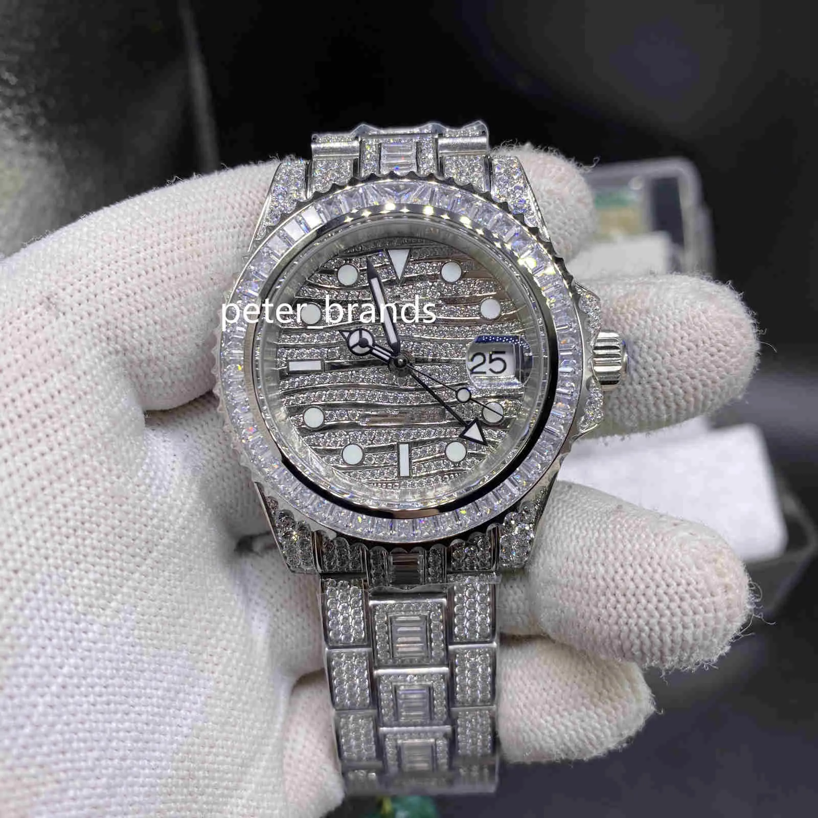 Hochwertige ETA2836-Herrenuhren, Iced Out-Diamantuhr, 40 mm, silbernes 904-Edelstahlgehäuse, Seite des Diamantgesichts, Automatikuhr