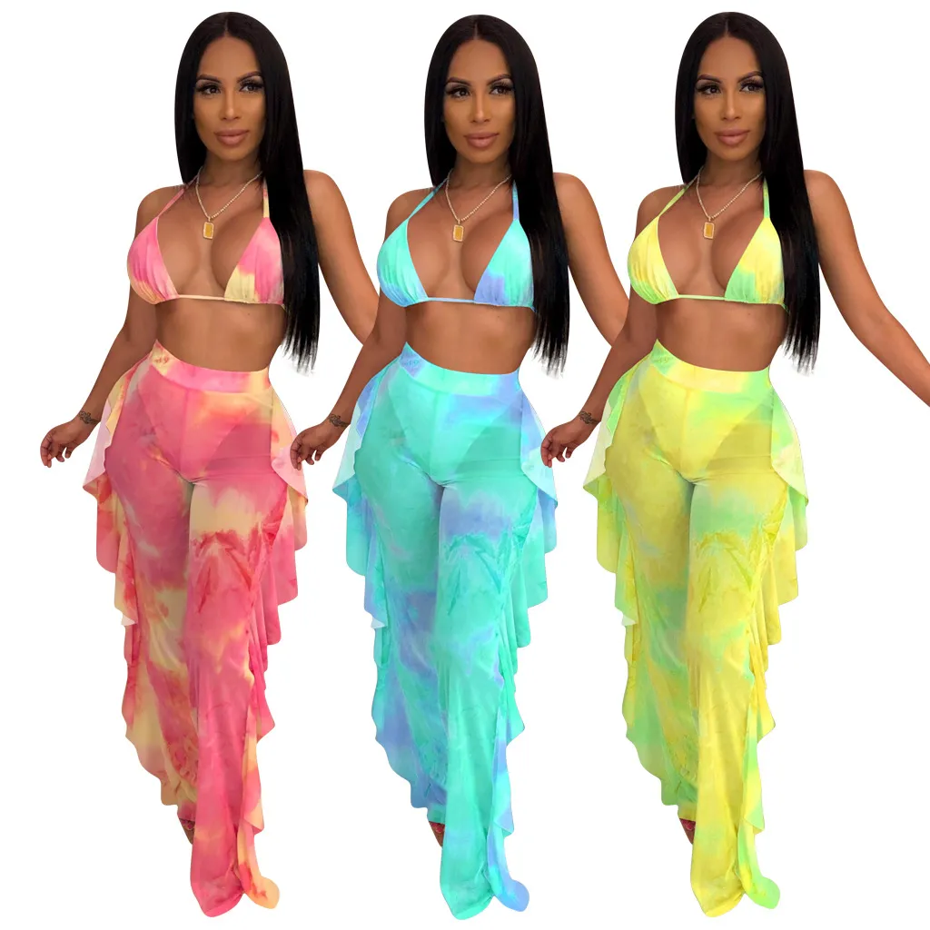 Sommer Frauen Zweiteilige Hosen Set Rüschen Tie Dye Print Outfits Mesh Sheer Lace Up Neckholder Sport Bh Lange Hose rosa Blau Gelb