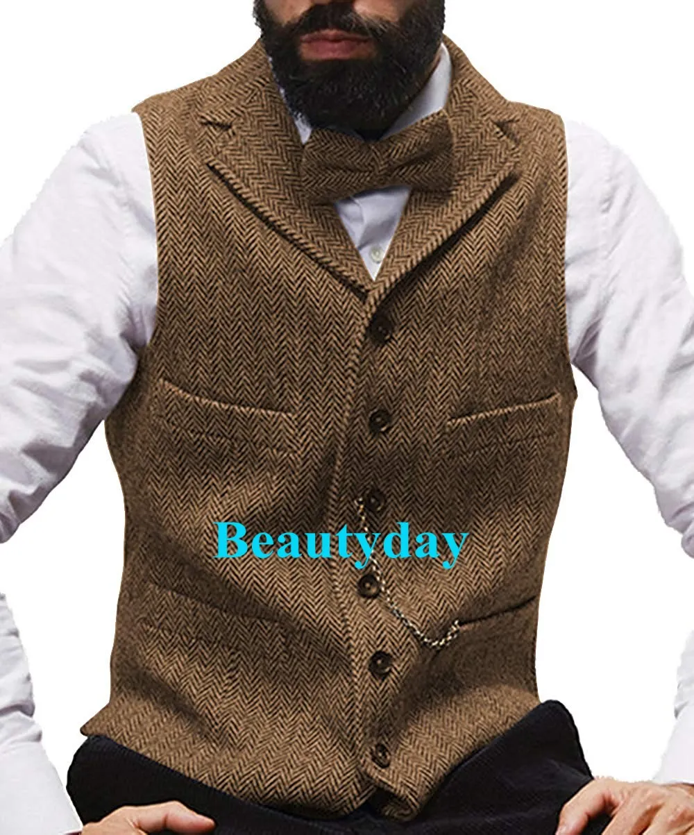 Terno 2019 Farm Brown noivo coletes de lã espinha Tweed Vest Slim Fit Men Vest Prom País Casamento Colete Vestido Tailor Made Plus Size