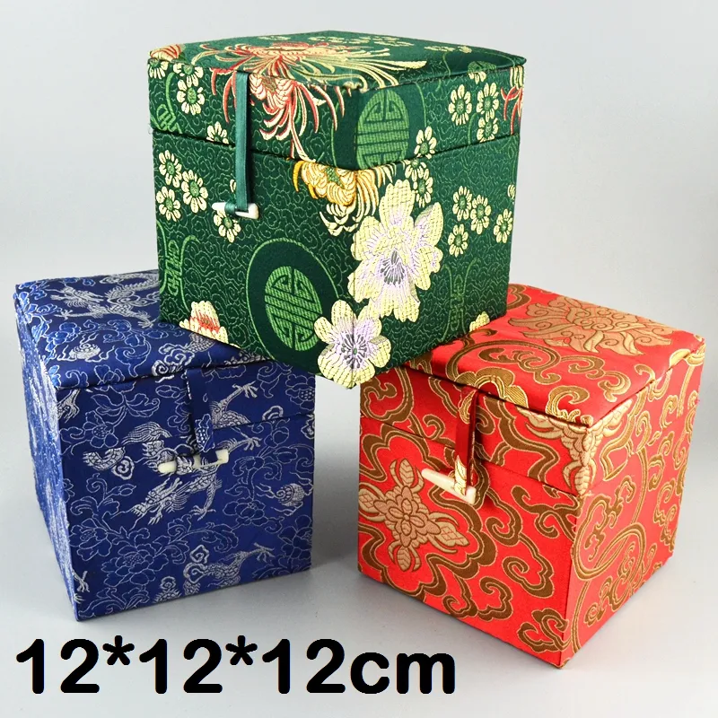 12 cm Cube Handmade Dekoracyjne Drewniane Pudełka Do przechowywania dla Rzemiosła Pudełko Pakowanie Chiński Jedwab Brocade Biżuteria Kamień Box