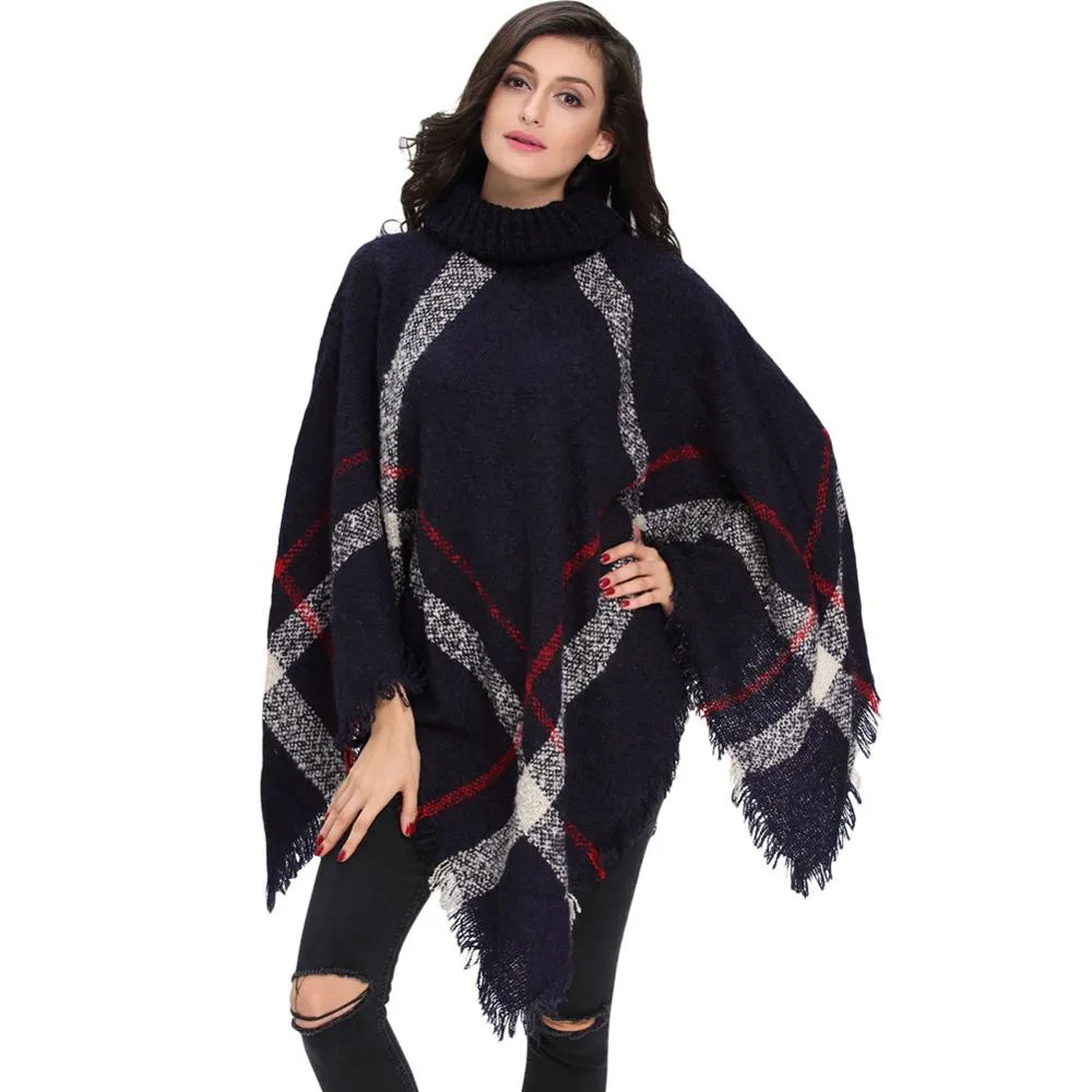 Grande taille hiver chaud femmes col roulé en laine pulls sans manches pull en tricot à carreaux Poncho chaud mode pull