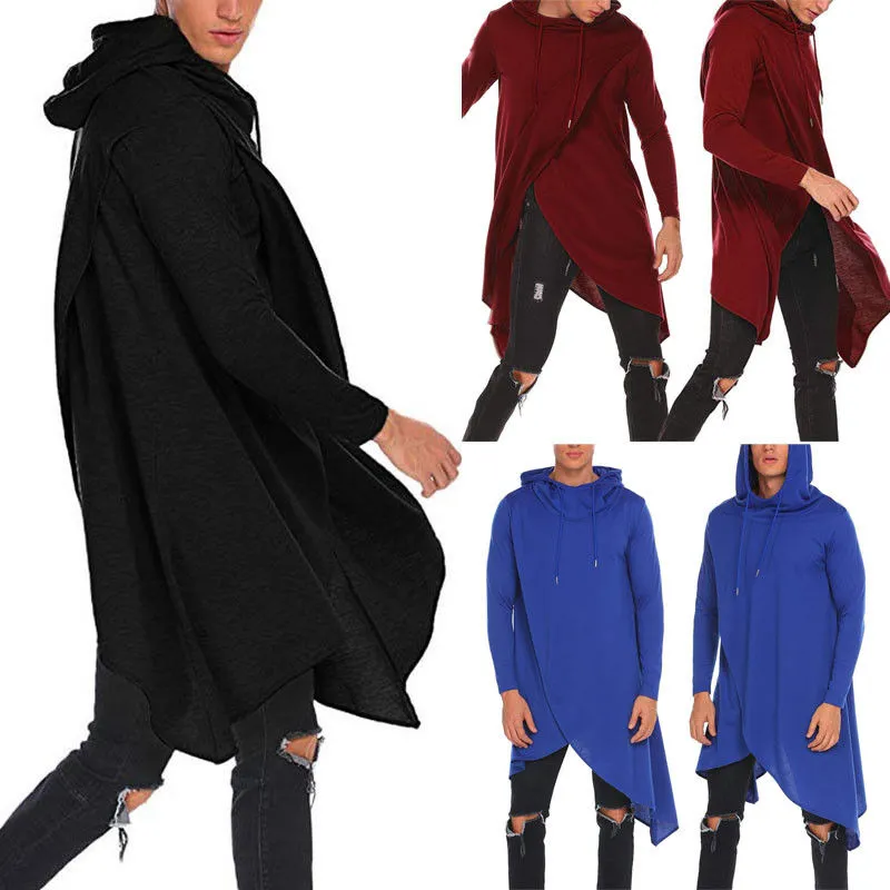 2019 Yeni Stil Moda Katı Bölünmüş Erkekler Casual Hoodie ile Şapka Dış Giyim Kazak Uzun Pamuk Pelerin Sıcak Casual