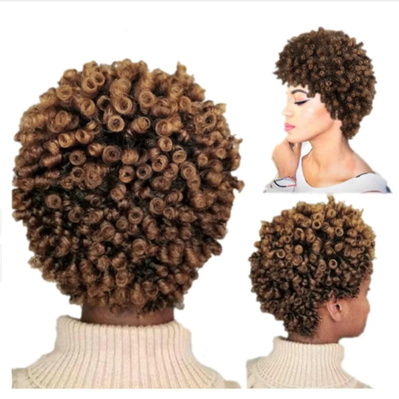 Short Hair Afro Kinky Curly Wig High Density Temperature Synthetic Wigs for Women Mixed Brown Cosplay African Hairstyles