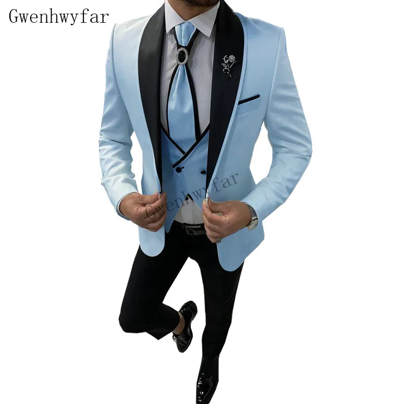 BridalApchair Baby Blue con trajes de solapa negros para hombres Hecho personalizado delgado delgado Traje de hombre de 3 piezas de la boda (chaqueta + pantalones + chaleco)