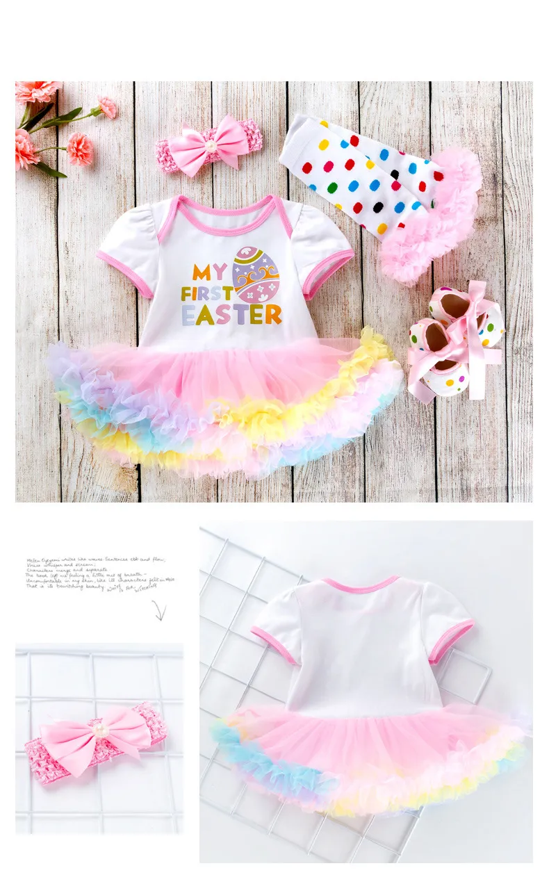 Baby Girls My First Easter Tutu Skirt Outfit 4pcs Set Cotton Blend Pink Bodysuit Shoes Leg Warmer Headband 2024