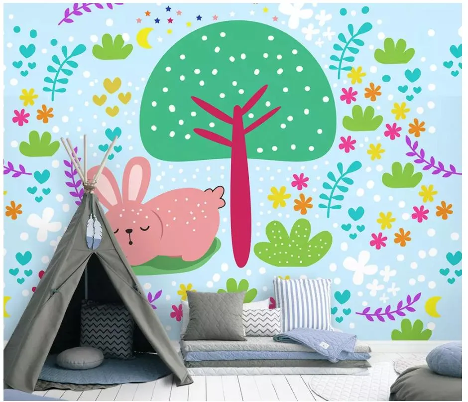 Papel de Parede 3Dカスタム写真壁画の壁紙の木の下でバニー子供室の背景の壁紙のための壁紙家の装飾