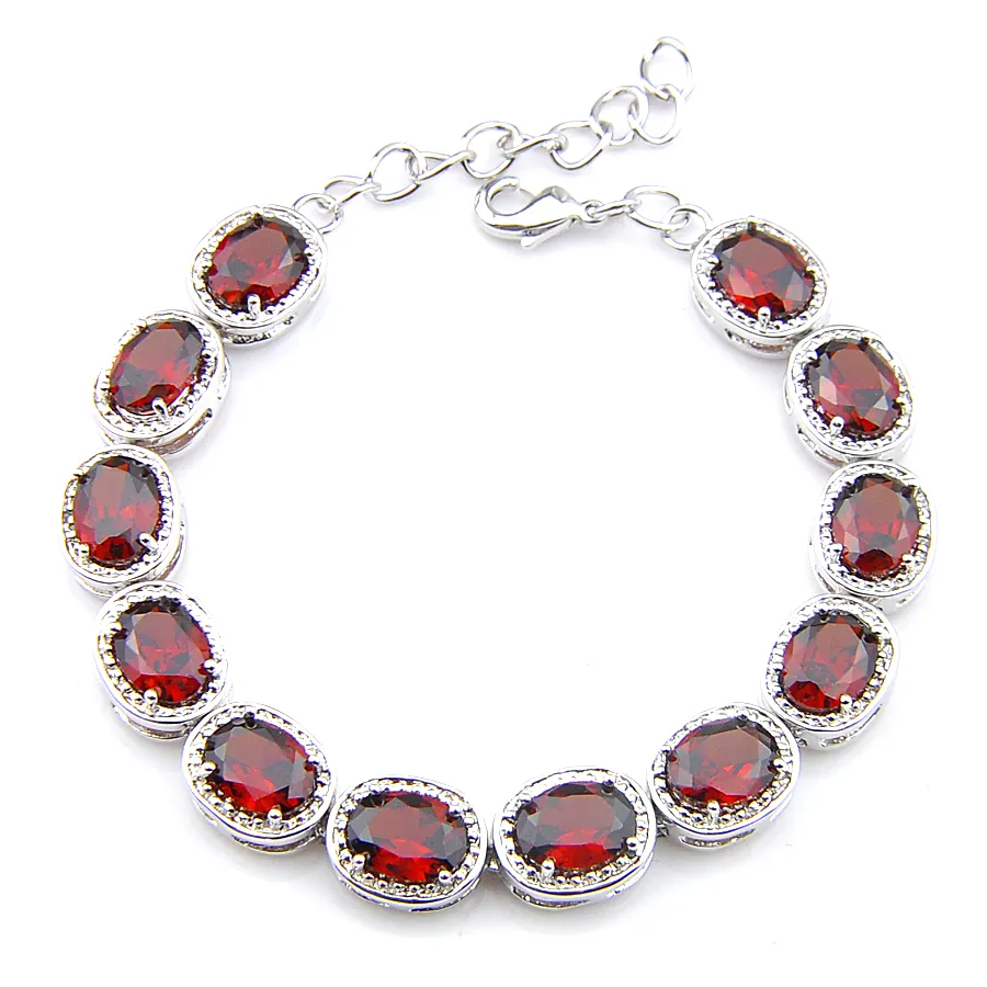 Luckyshin 6st / lot Shiny Oval Red Garnet Gems 925 Sterling Silver Plated Chain Armband Ryssland Australien USA Armband Brud Smycken 8 '