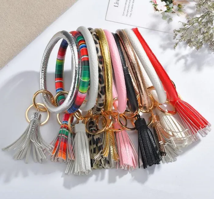 Hot Sale Pu Leather Keyring Bracelet Faux Leather Tassel Print Flower Leopard Keychain Bangle Big O Key Ring Wrist Strap Bracelets