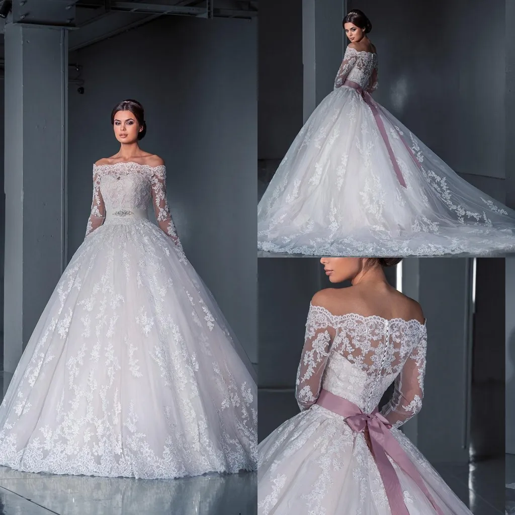 Abiti da sposa vintage in pizzo a maniche lunghe 2019 Appliques modesti con spalle scoperte Abiti da sposa Abiti da sposa robe de mariage