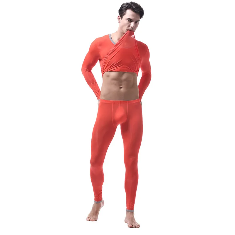 Thin Ice Silk Thermal Underwear Sexy Mens Long John Penis Pouch