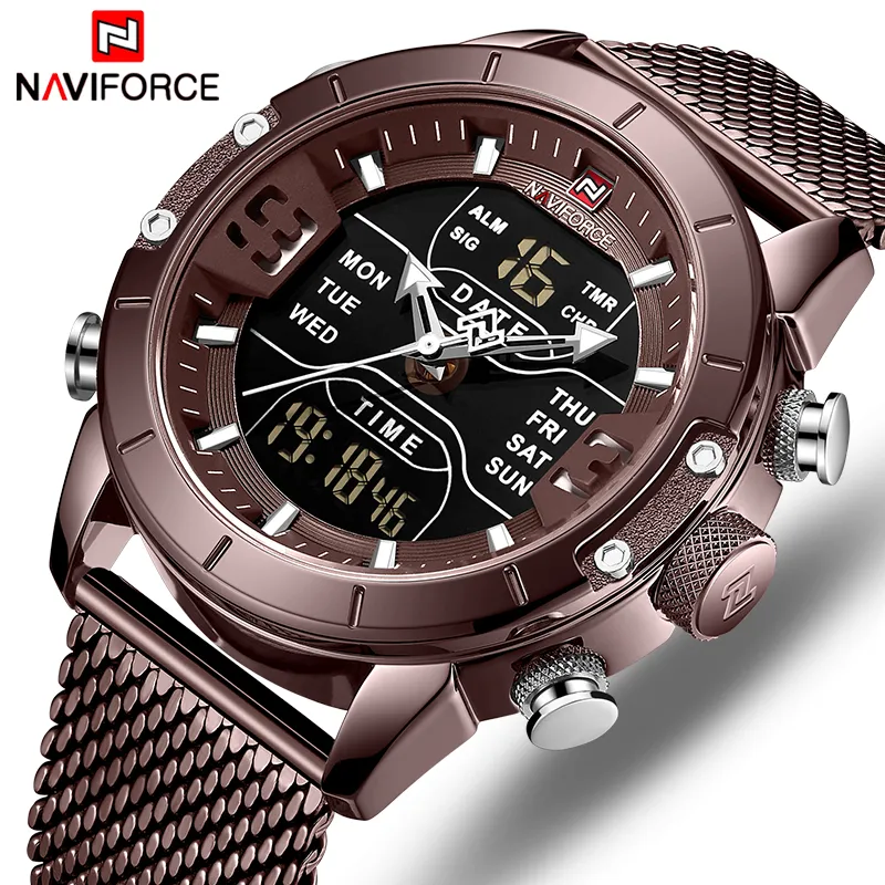 Naviforce Assista Top Luxury Brand Men Militar Quartz Wristwatch Aço inoxidável Mesh esportes relógios analógicos