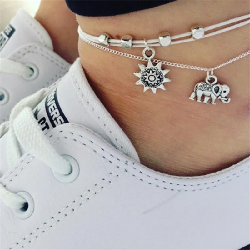 Vintage Multilayer Anklets Bracelet for Women Elephant Sun Pendant Charms Rope Chain Bohemian Beach Summer Foot Ankle Statement Jewelry DHL