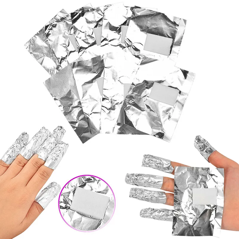 100 pçs / pack Papel de alumínio papel nail art soak off acrílico gel polonês removase de remoção de remoção de beleza ferramenta com almofada de algodão