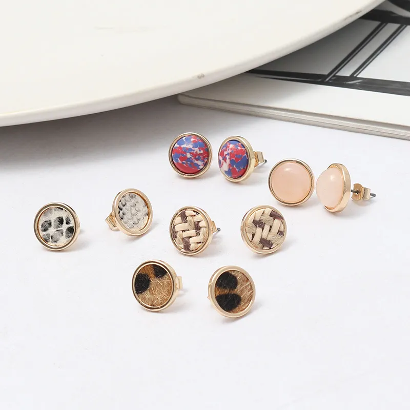 Mini Natural Stone Stud Brincos Rodada Leopardo Impressão Tecidos Tecidos para Mulheres Jóias Presente Alta Qualidade