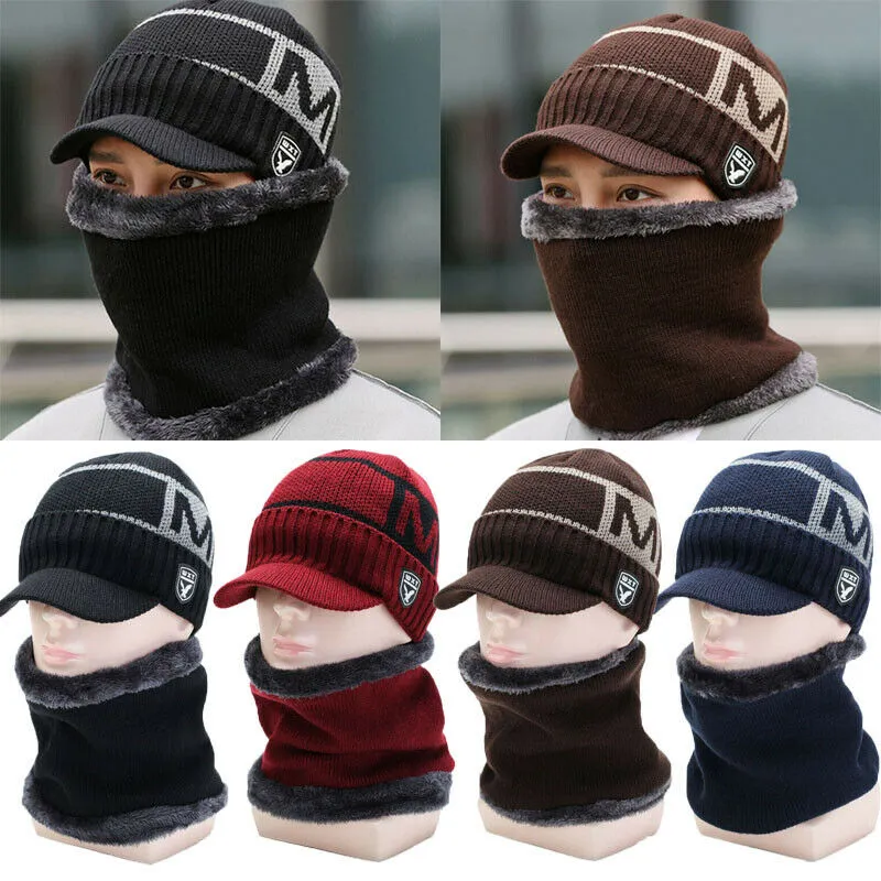 Men Women Warm Winter Hat Knit Visor Beanie Fleece Lined Billed Beanie with Brim Cap Street Hats