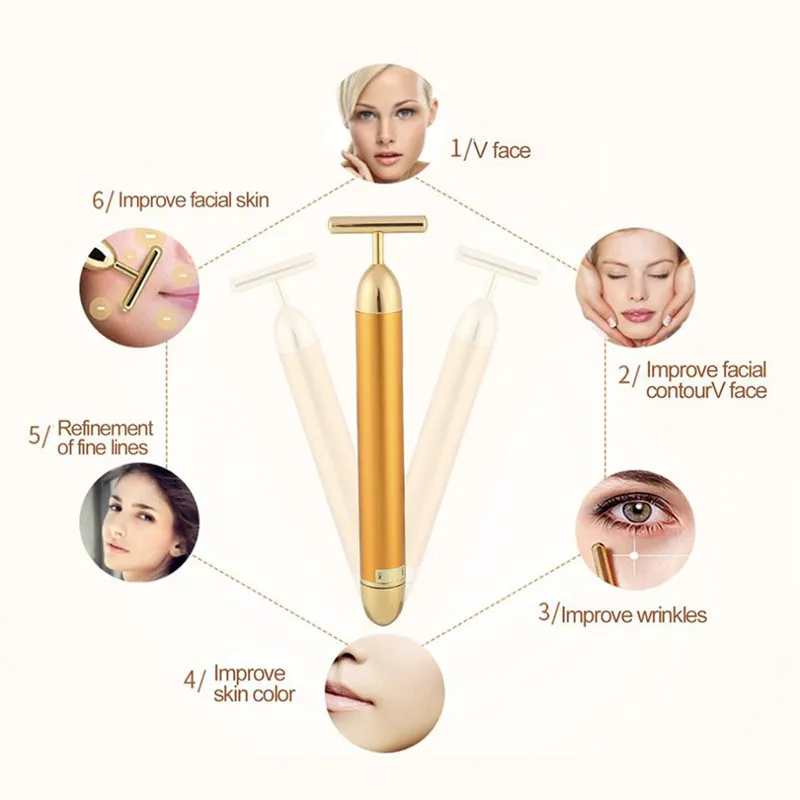 Emagrecimento da face do rolo ouro 24k vibração Cor Facial Beauty rolo Massager Vara Elevador pele aperto rugas Bar