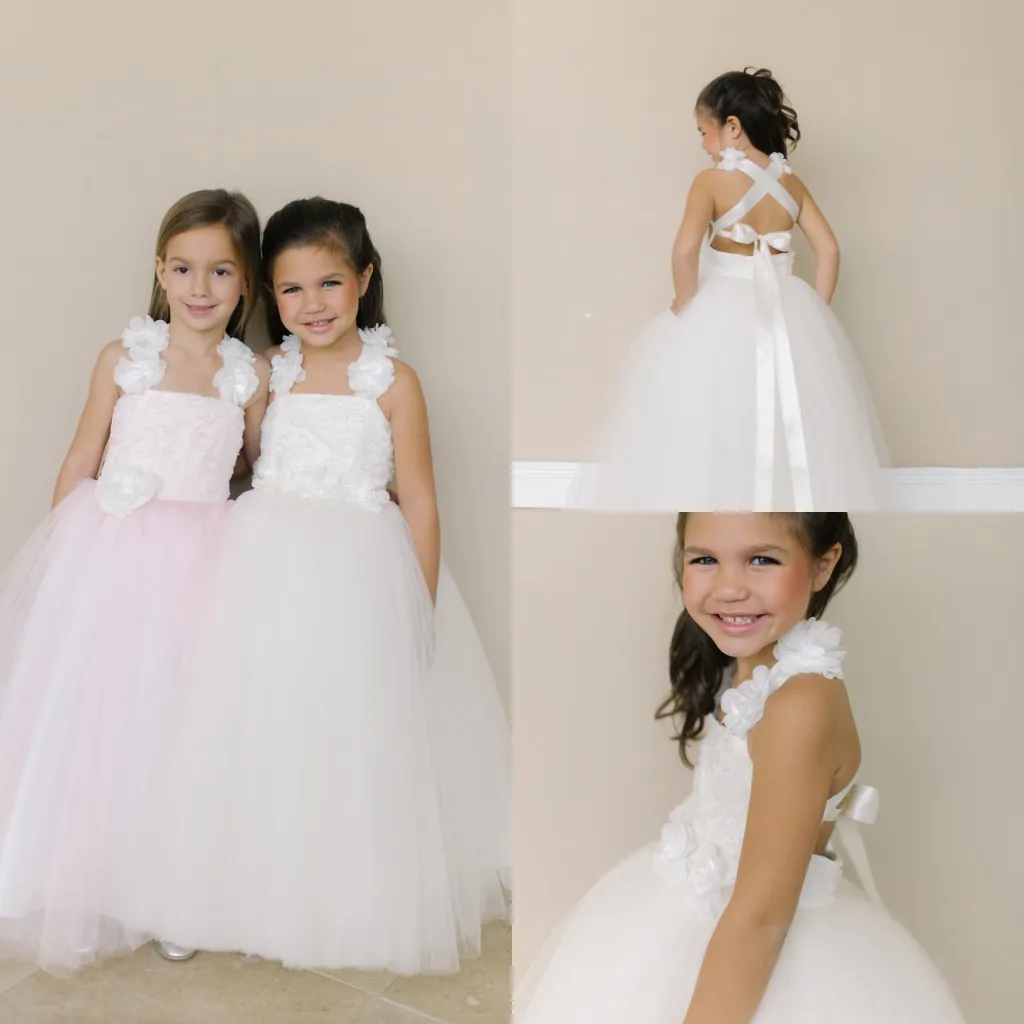 Tulle Handmade Flower Flower Girls Vestidos Halter Pescoço Criss Cross Straps Meninas Pageant Vestidos Tornozelo Comprimento Formal Crianças Desgaste Para O Casamento