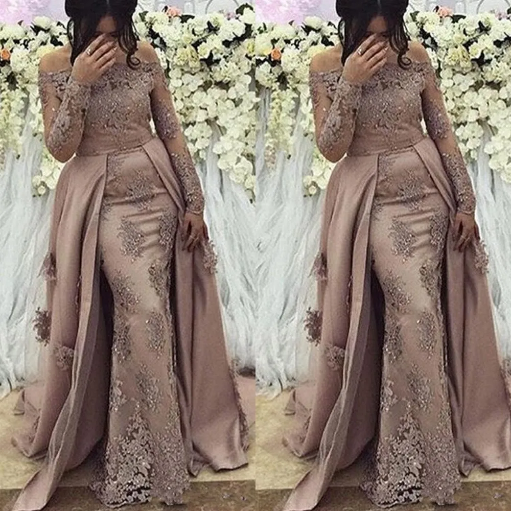 Neue sexy arabische Ballkleider für Frauen, schulterfrei, Meerjungfrau, lange Ärmel, Spitzenapplikationen, Kristallperlen, formelles Abendkleid, Partykleid