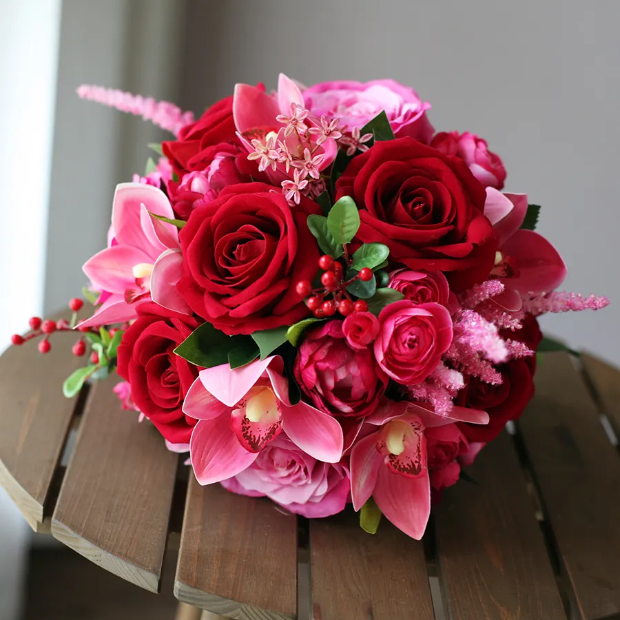 Bridal Bouquet - Pink & Fuchsia Rose Brooch Bouquet Ivory Fuchsia quinceanera ramo | Hot pink gold quinceanera  main image 3