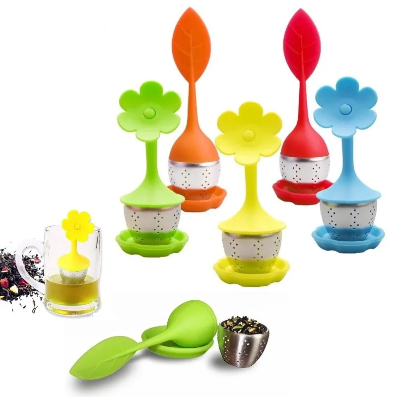 Silicone Herbal Spice Filter Food Grade Tea Leaf Strainer Reusable Kitchen Party Tea Infuser with Drip Tray