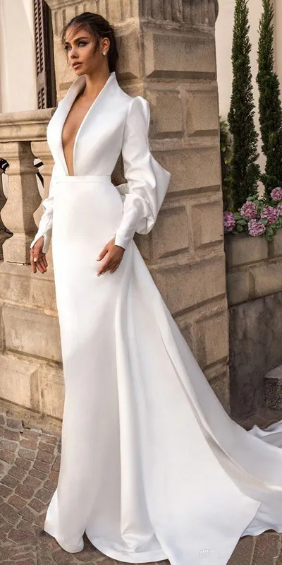 Elihav Sasson Satin Wedding Dresses Deep V Neck Long Sleeve Garden Sweep Train Plus Size Wedding Dress Bridal Gowns332j