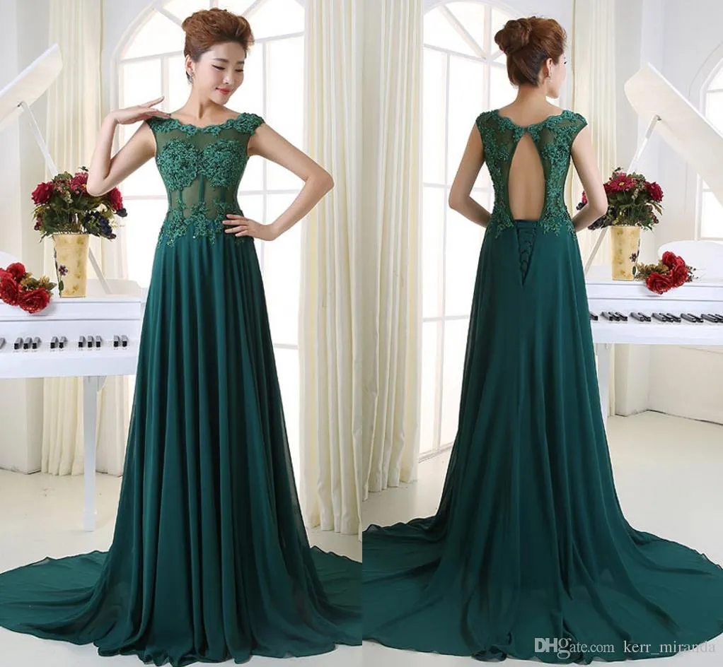 Ny högkvalitativ grön spetsapplikation Word Shoulder Bridesmaid Dresses Long Tail Back Small Hollow pärlklänningar