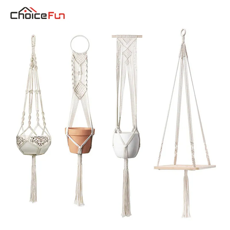 Choice Fun 4 Set Hot Macrame Plant Hangers Hängande Växthylla Inomhus Väggplanter Dekorativ Blomma Pothållare Boho Heminredning T200601