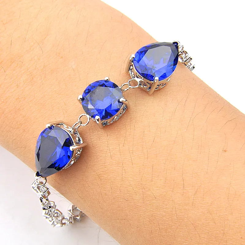 Luckyshine 925 Silver Blue Topaz Round Water Drop Bracelet For Women Zircon Anniversary Gift Jewelry Idea Charm Bracelets