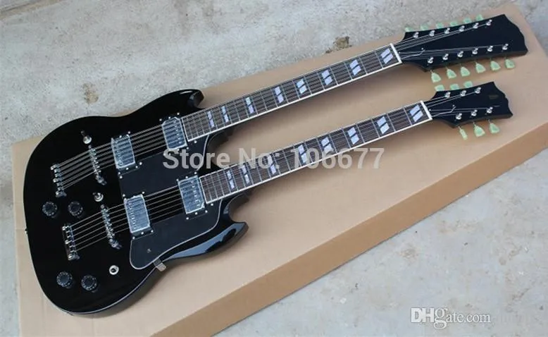 Hot Sale High Quality 6 + 12 Strings Double Neck Custom Shop SG Black Electric Guitar