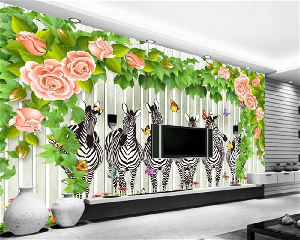 Benutzerdefinierte 3D-Tiertapete Zebra Schöne Rose Stereo Pastoralstil Hintergrundwand Seidenwandtapete