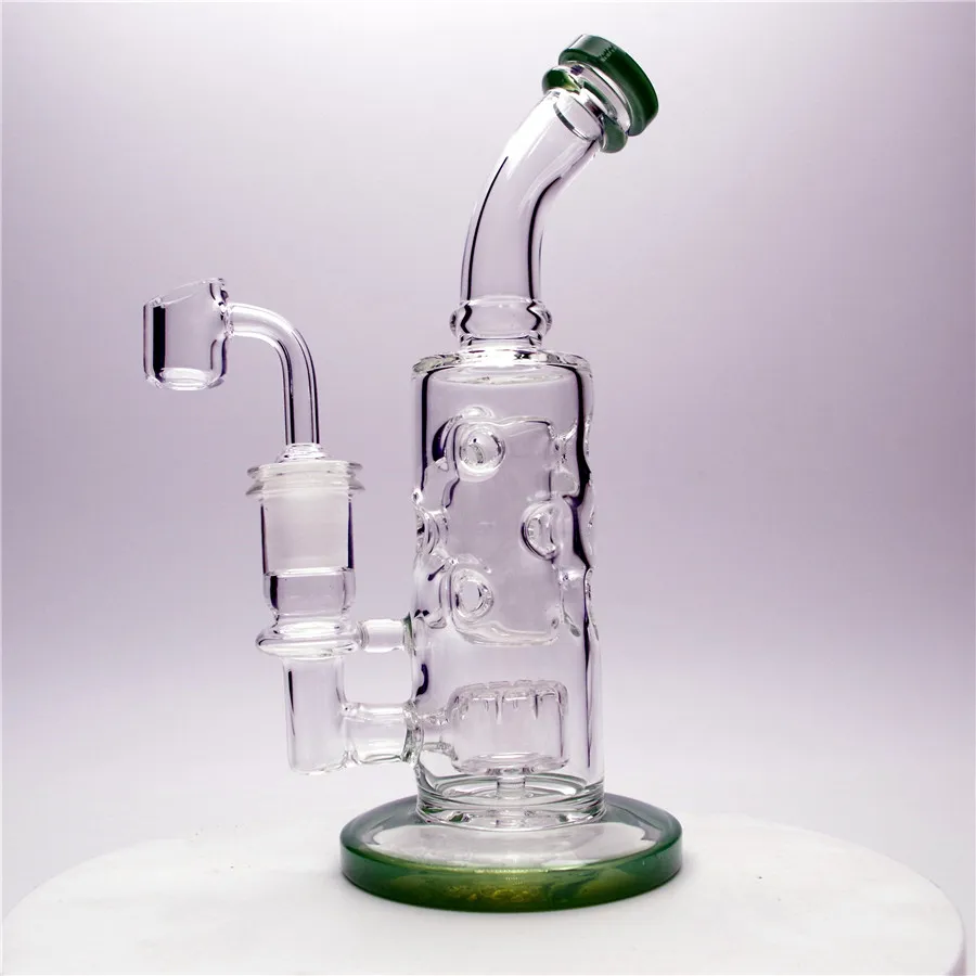 8'' Height Green Glass Bong with 14mm bowl and Quartz banger for gift Glass Smoking Pipes Hookahs Clear Perc Rcycler Oil Rig