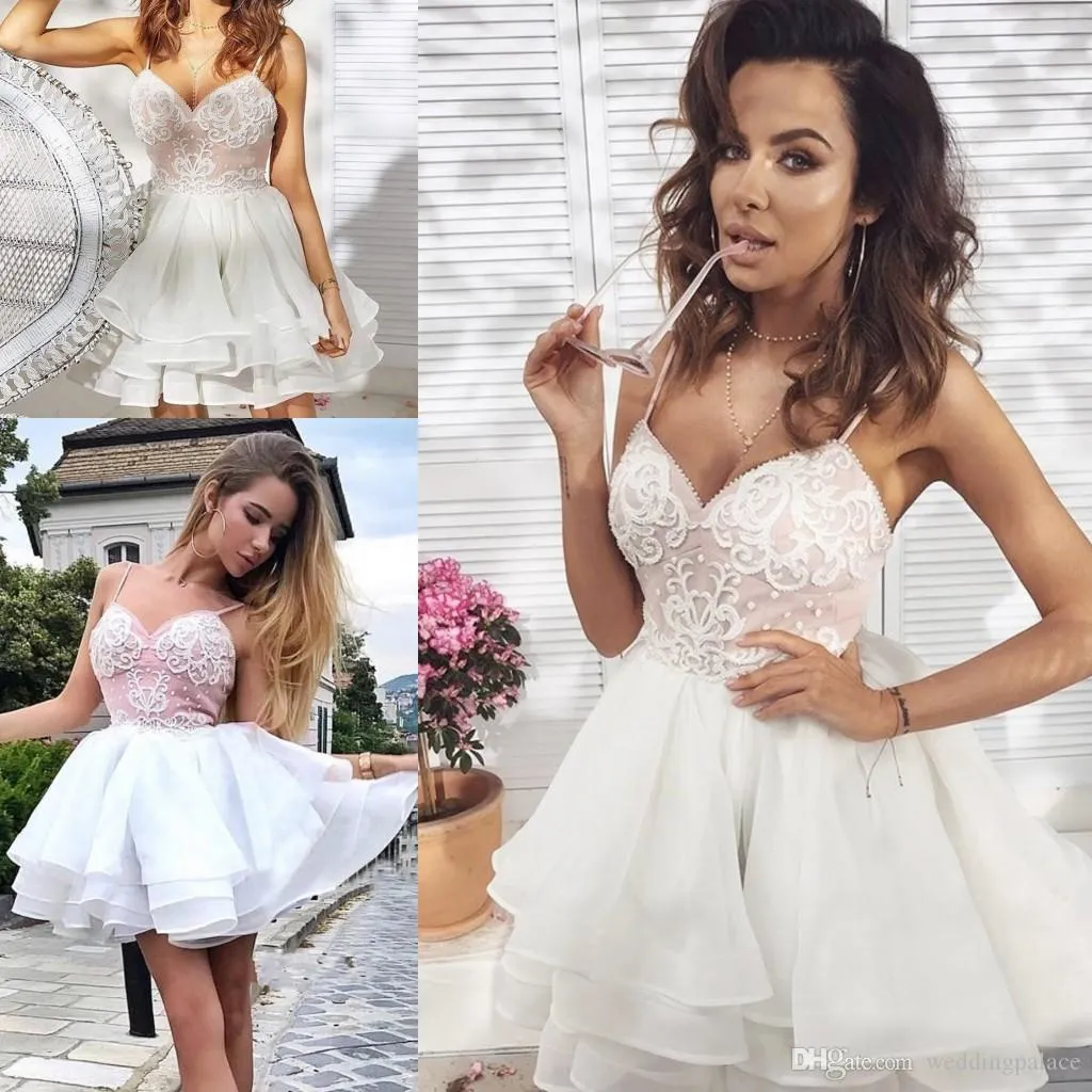 Nowe Sexy Spaghetti Paski Krótkie Suknie Homecomingowe Koronkowe Warstwy Mini Party Suknie Organza Specjalne okazje Dresses Cocktail Party Dresses